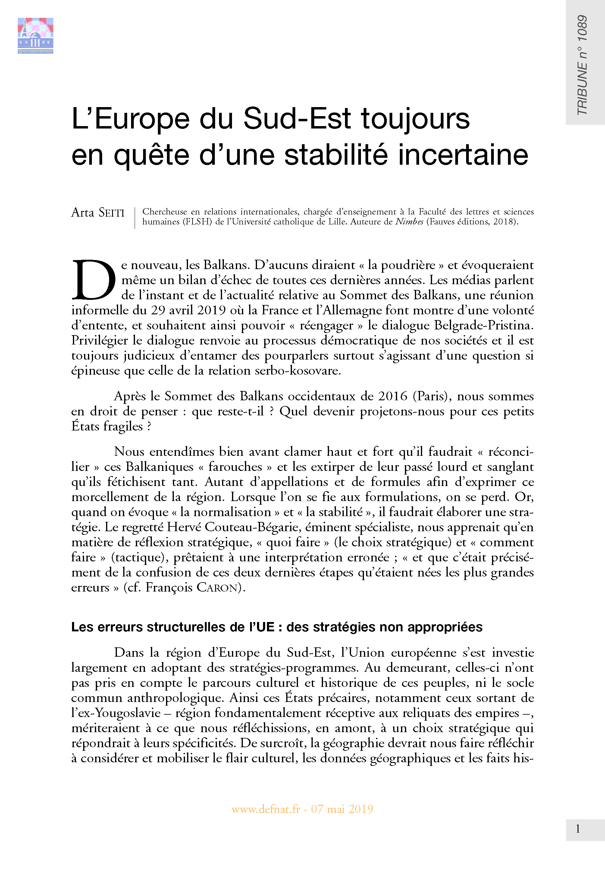 L’Europe du Sud-Est toujours en quête d’une stabilité incertaine (T 1089)
